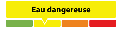 Un indicateur de statut pour les messages de crue comprenant un grand bouton jaune &eacute;tiquet&eacute; &laquo; D&eacute;claration sur la s&eacute;curit&eacute; aquatique &raquo;. En dessous se trouve une barre horizontale avec quatre segments de couleur : vert, jaune, orange et rouge. Un pointeur est plac&eacute; sur le segment jaune, indiquant que bien qu'aucune inondation ne soit pr&eacute;vue, des d&eacute;bits &eacute;lev&eacute;s ou des berges instables peuvent &ecirc;tre dangereux pour les usagers r&eacute;cr&eacute;atifs.