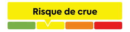 Un indicateur de statut pour les messages de crue comprenant un grand bouton jaune &eacute;tiquet&eacute; &laquo; D&eacute;claration sur les perspectives d'inondation &raquo;. En dessous se trouve une barre horizontale avec quatre segments de couleur : vert, jaune, orange et rouge. Un pointeur est plac&eacute; sur le segment jaune, indiquant un avis pr&eacute;coce de risque d'inondation bas&eacute; sur les pr&eacute;visions m&eacute;t&eacute;orologiques, comme de fortes pluies ou la fonte des neiges.