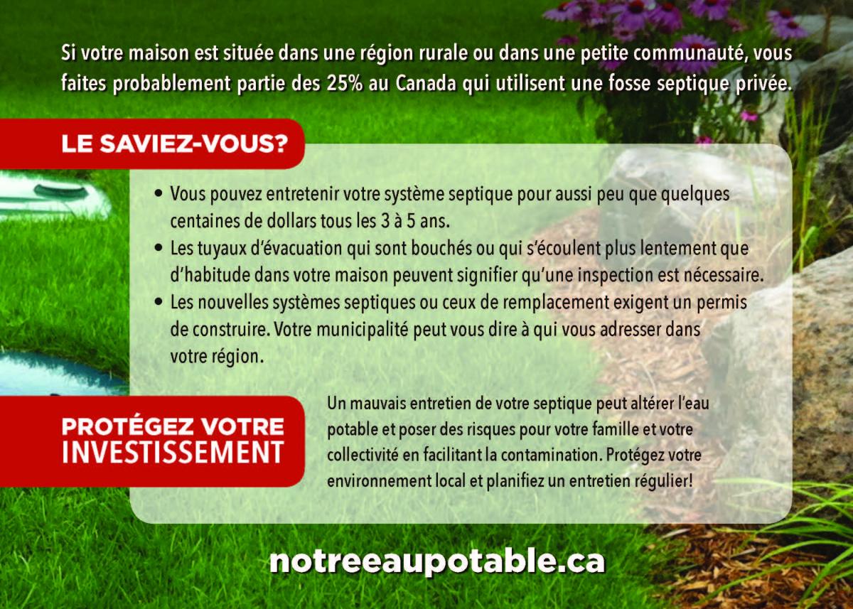 Graphique informatif sur les systèmes septiques privés, indiquant que 25 % des Canadiens en milieu rural les utilisent. Il souligne que l'entretien est abordable (tous les 3 à 5 ans), que les drains lents peuvent signaler un besoin d'inspection et que des permis sont requis pour les nouveaux systèmes. Il encourage un entretien régulier pour protéger l'eau potable et l'environnement. URL : yourdrinkingwater.ca