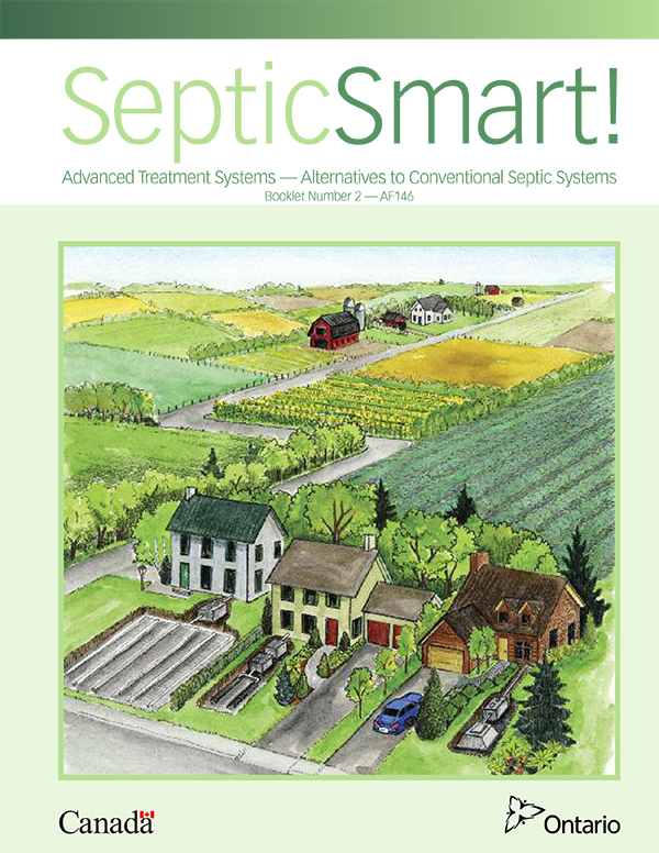 Cover of SepticSmart! Booklet Number 2 titled 'Advanced Treatment Systems — Alternatives to Conventional Septic Systems,' featuring an illustration of various residential properties with different septic setups.